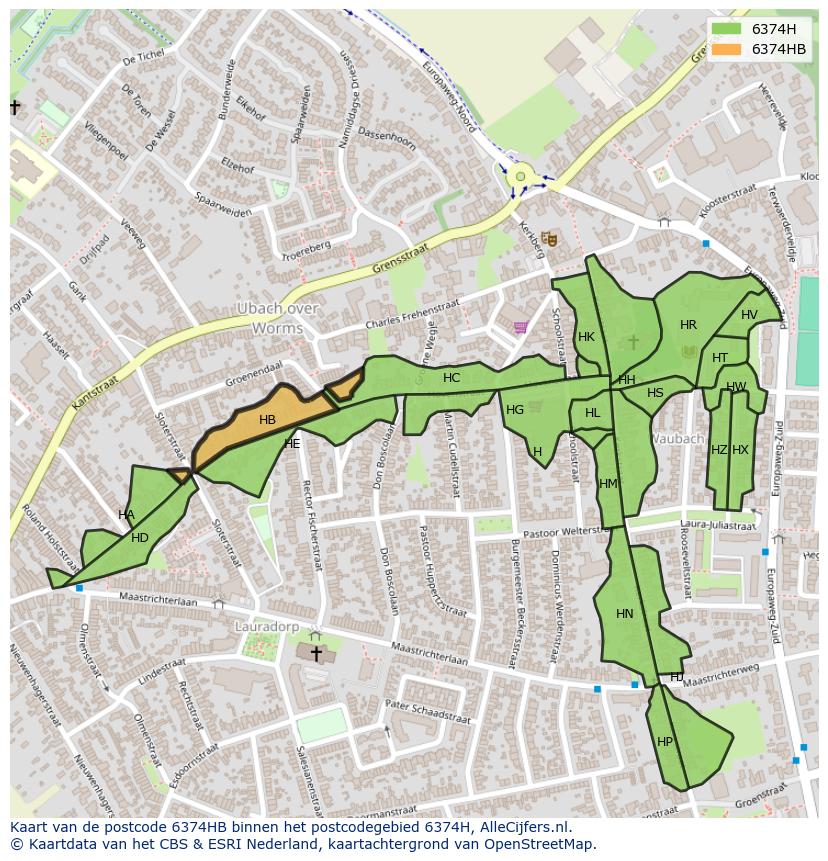 Afbeelding van het postcodegebied 6374 HB op de kaart.