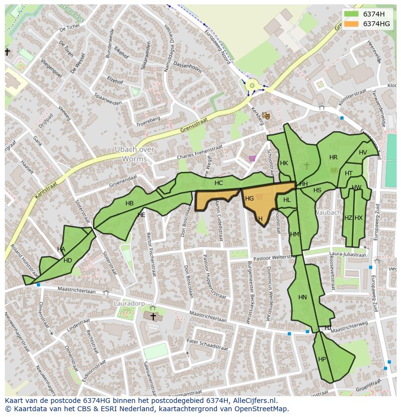 Afbeelding van het postcodegebied 6374 HG op de kaart.
