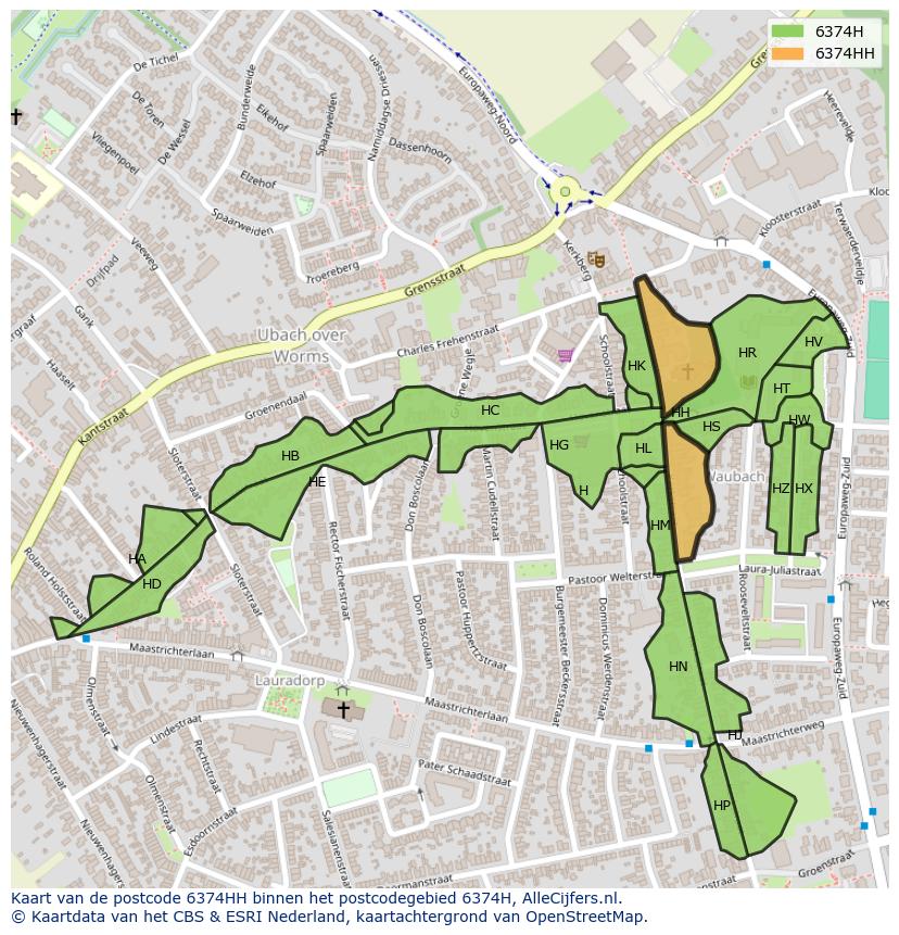 Afbeelding van het postcodegebied 6374 HH op de kaart.