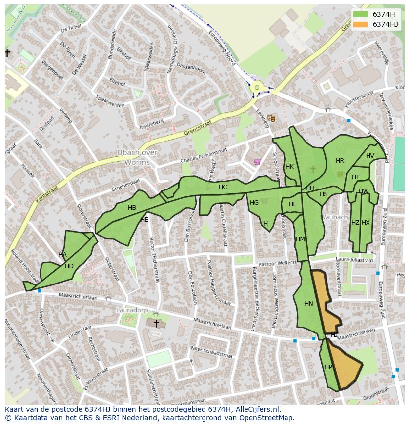 Afbeelding van het postcodegebied 6374 HJ op de kaart.