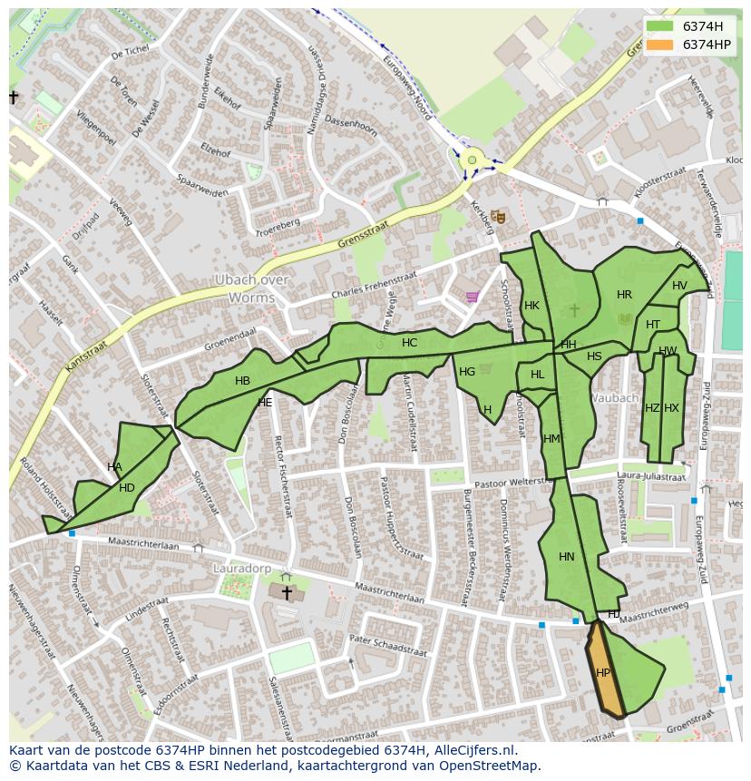 Afbeelding van het postcodegebied 6374 HP op de kaart.