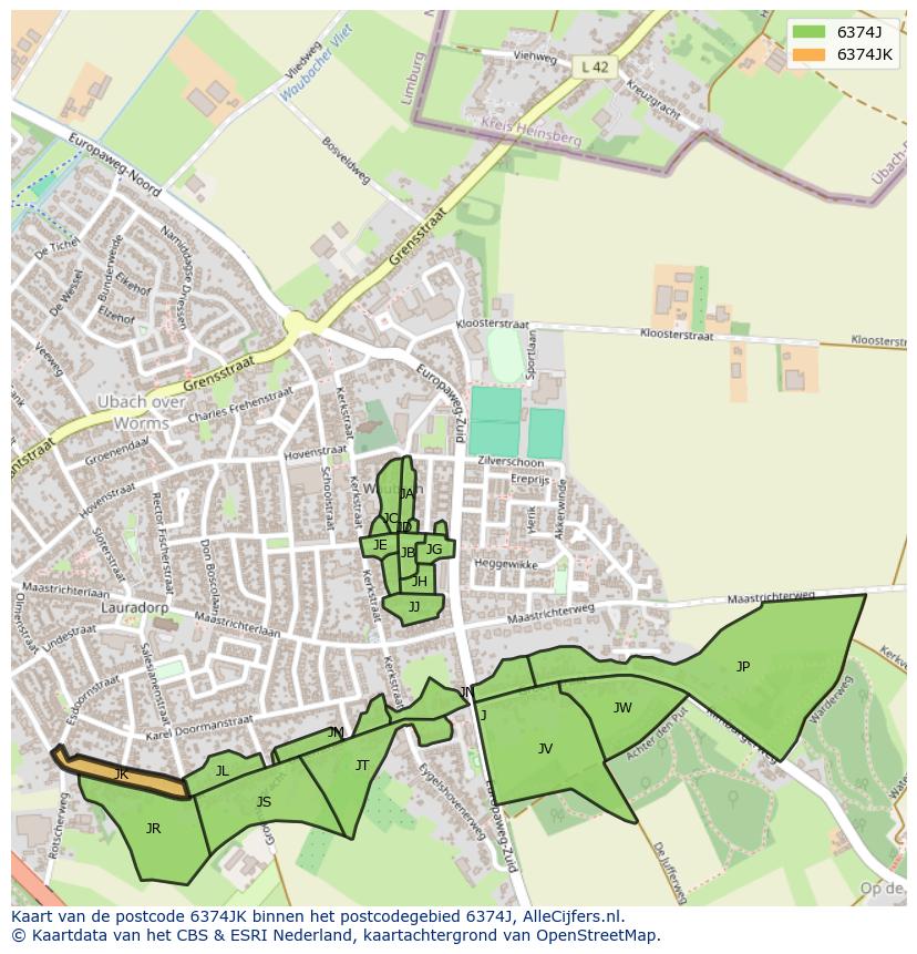 Afbeelding van het postcodegebied 6374 JK op de kaart.
