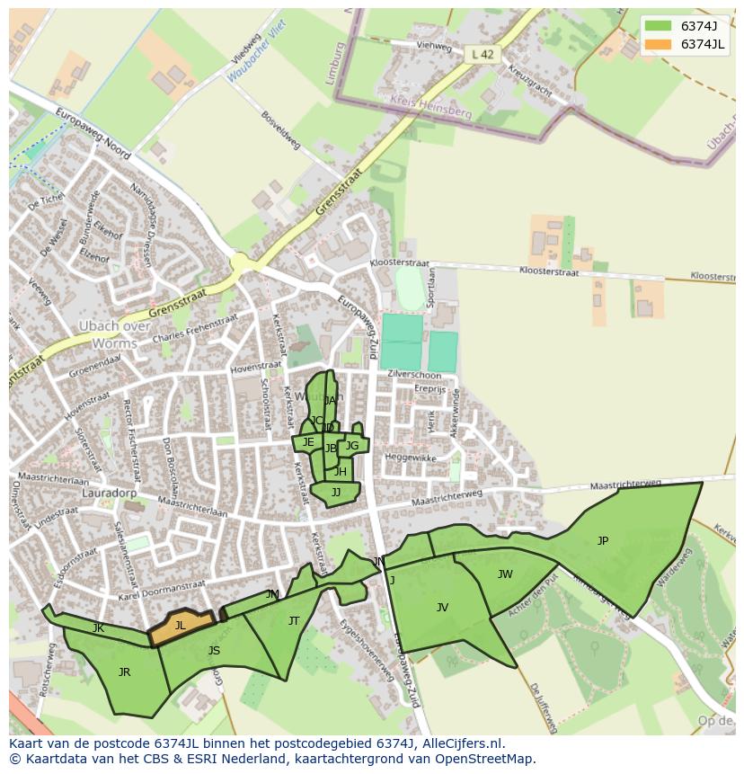 Afbeelding van het postcodegebied 6374 JL op de kaart.