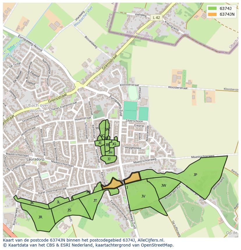Afbeelding van het postcodegebied 6374 JN op de kaart.