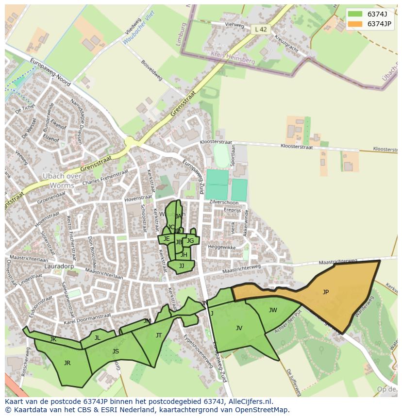 Afbeelding van het postcodegebied 6374 JP op de kaart.