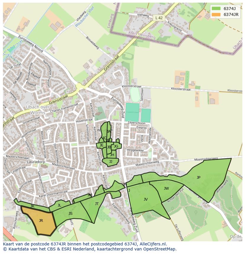 Afbeelding van het postcodegebied 6374 JR op de kaart.