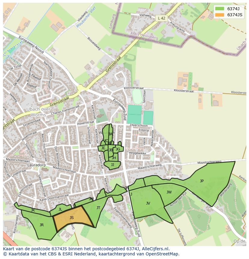 Afbeelding van het postcodegebied 6374 JS op de kaart.