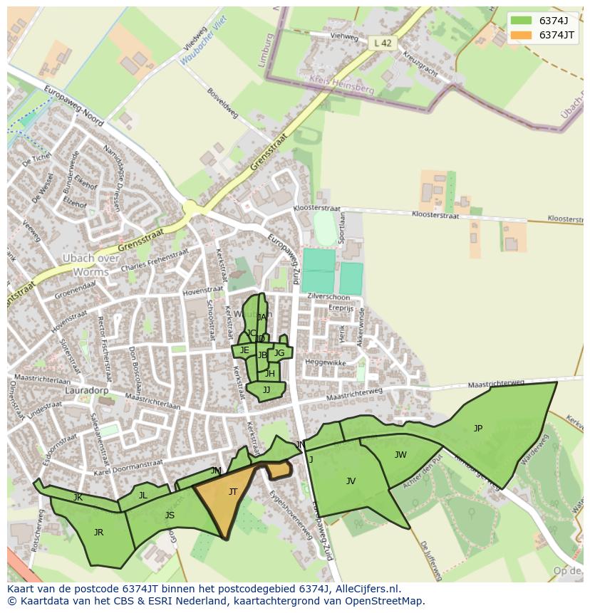 Afbeelding van het postcodegebied 6374 JT op de kaart.
