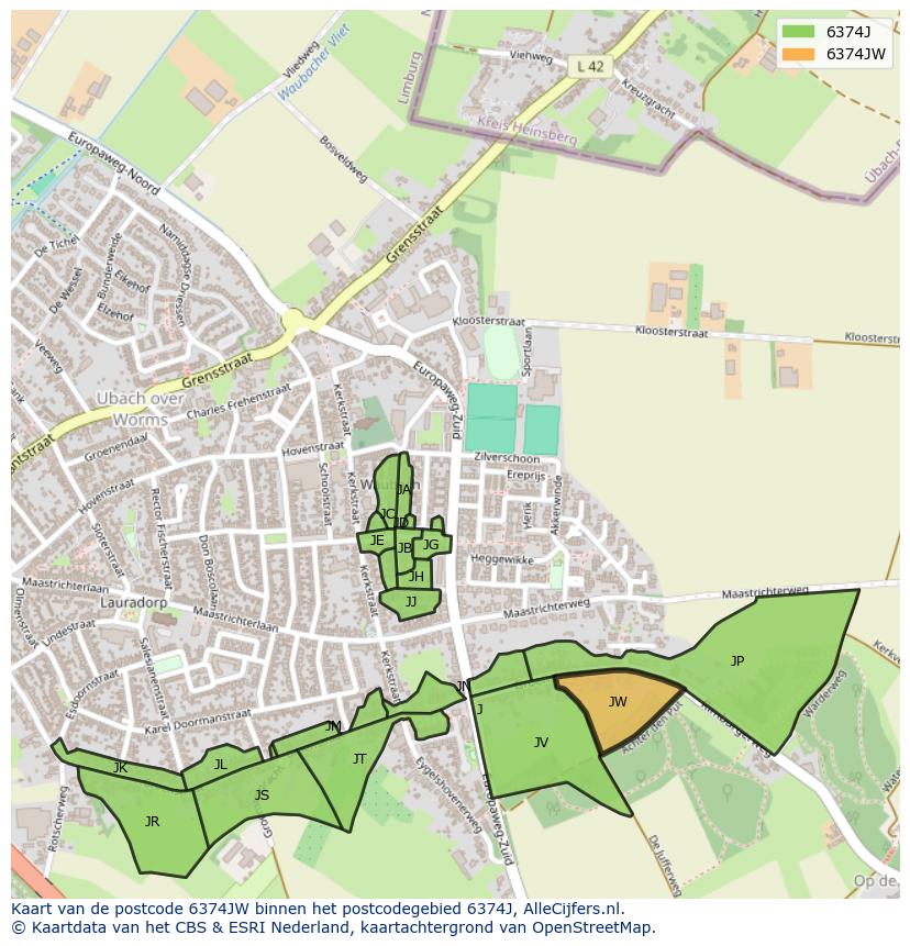 Afbeelding van het postcodegebied 6374 JW op de kaart.