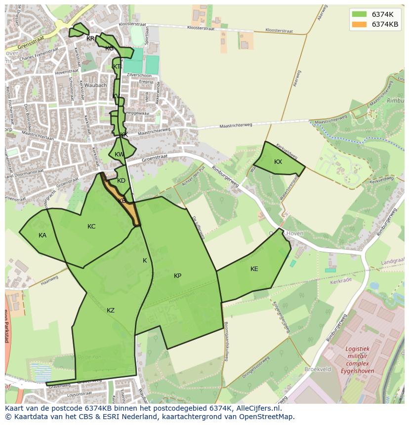 Afbeelding van het postcodegebied 6374 KB op de kaart.