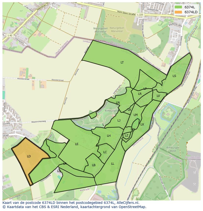 Afbeelding van het postcodegebied 6374 LD op de kaart.