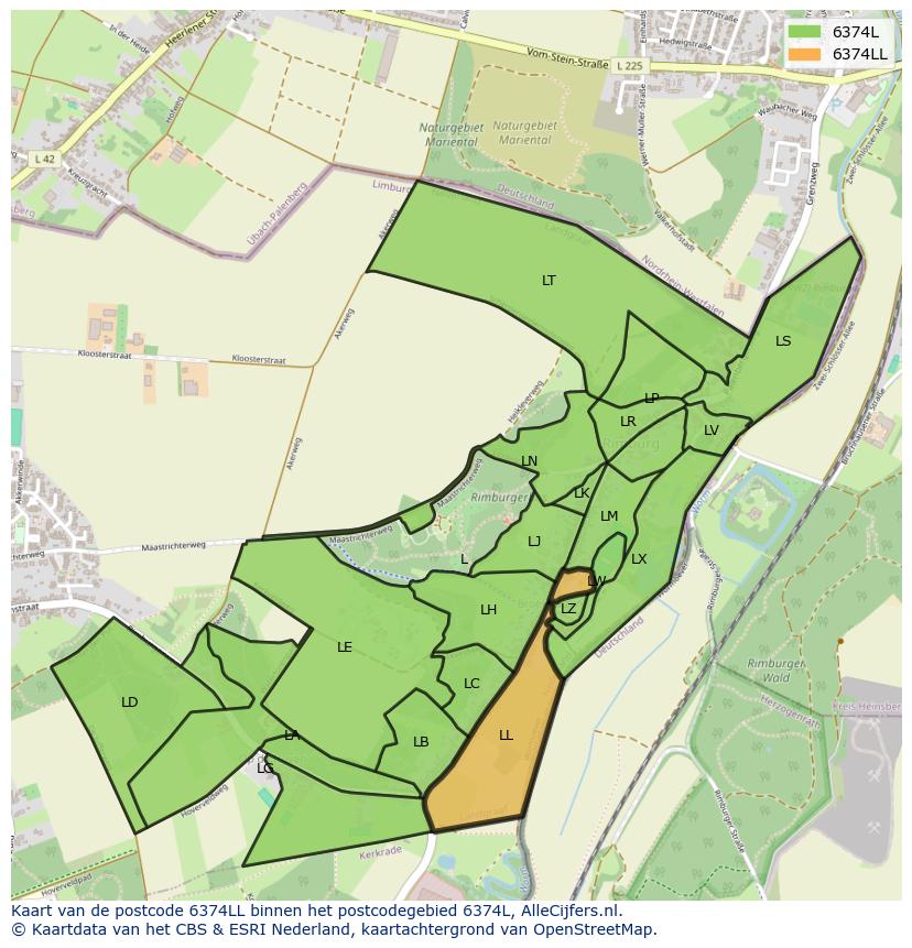 Afbeelding van het postcodegebied 6374 LL op de kaart.