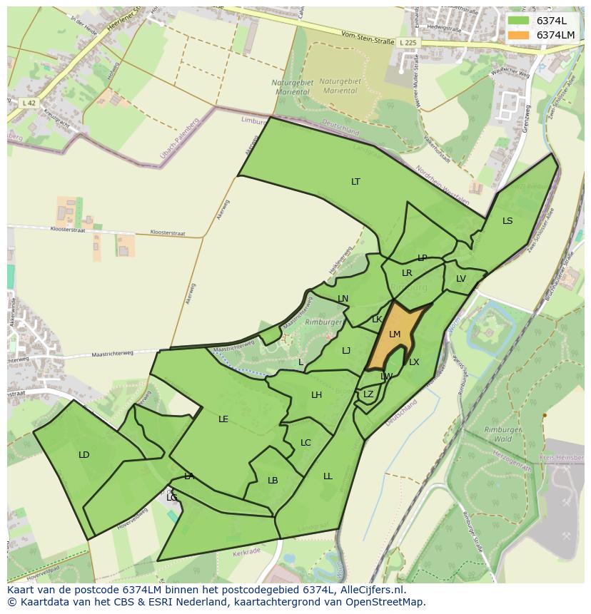 Afbeelding van het postcodegebied 6374 LM op de kaart.