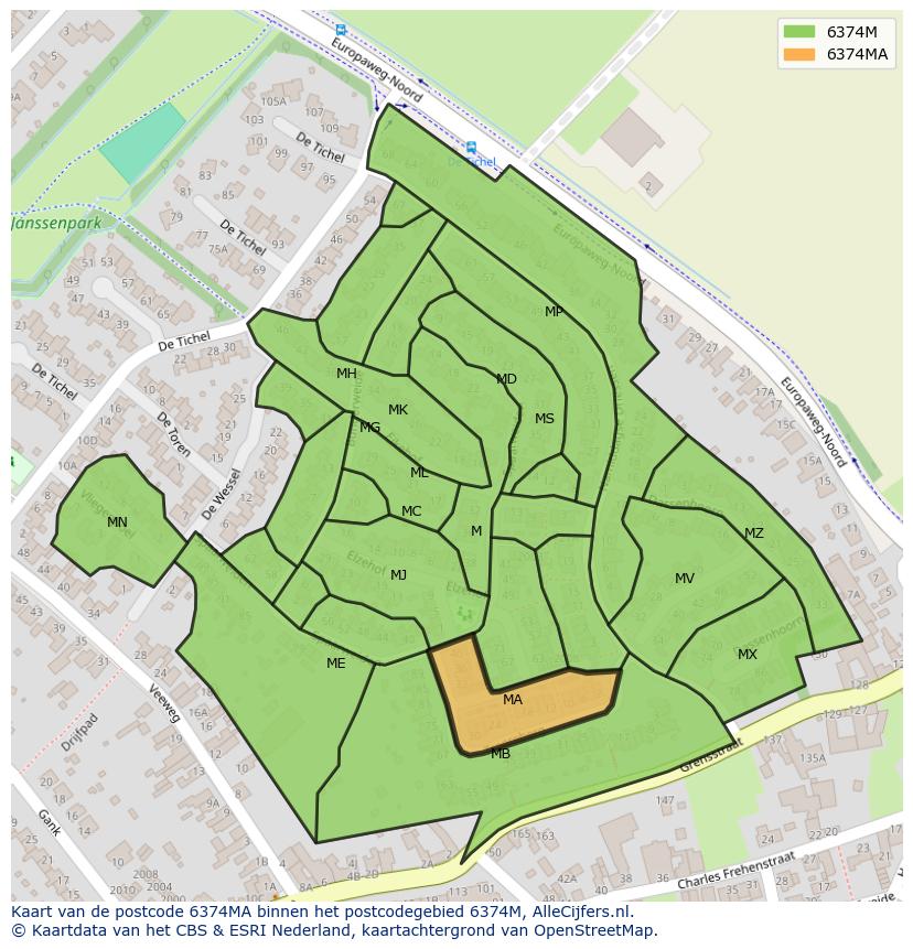 Afbeelding van het postcodegebied 6374 MA op de kaart.