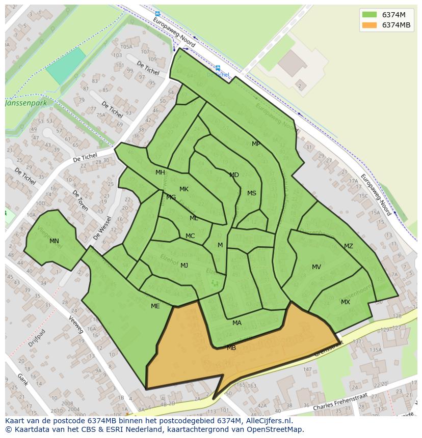 Afbeelding van het postcodegebied 6374 MB op de kaart.