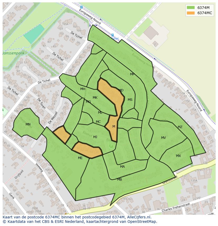 Afbeelding van het postcodegebied 6374 MC op de kaart.