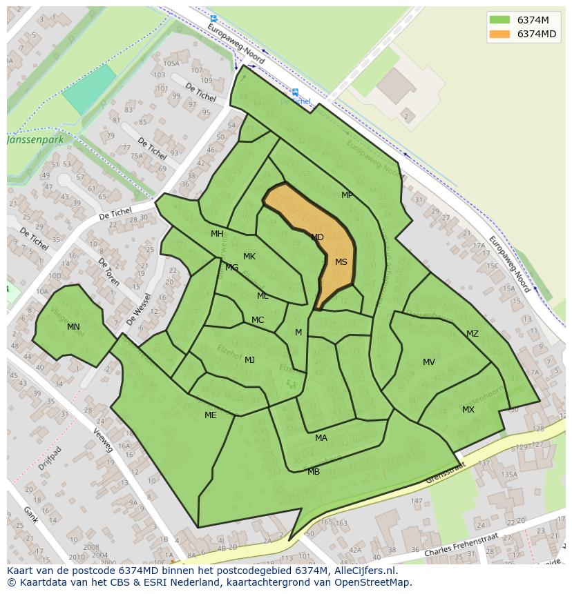 Afbeelding van het postcodegebied 6374 MD op de kaart.