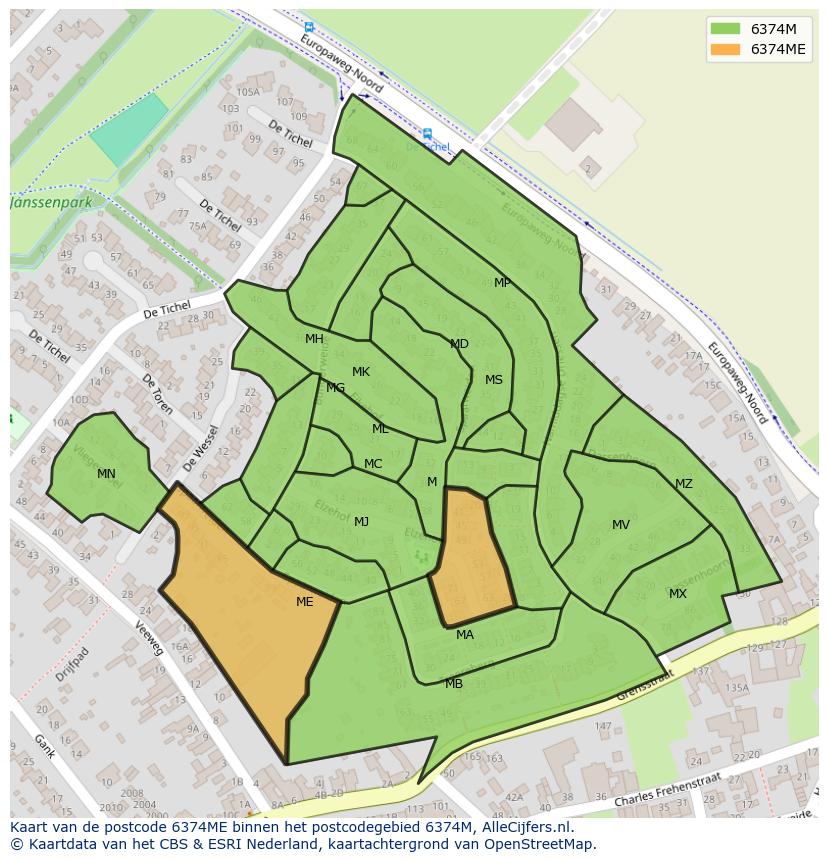 Afbeelding van het postcodegebied 6374 ME op de kaart.