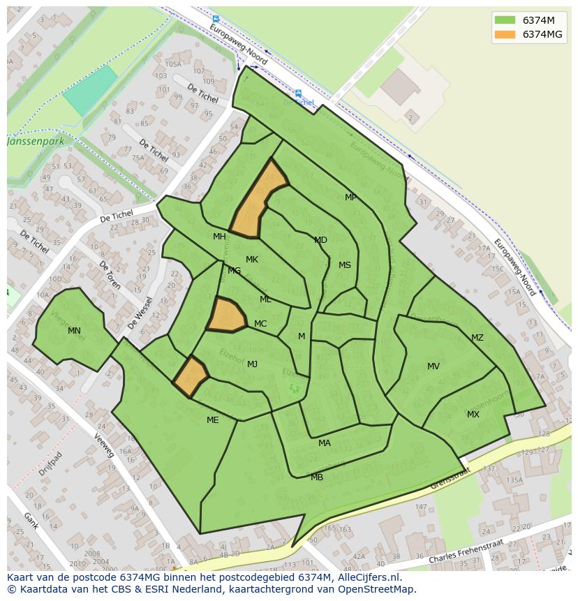 Afbeelding van het postcodegebied 6374 MG op de kaart.