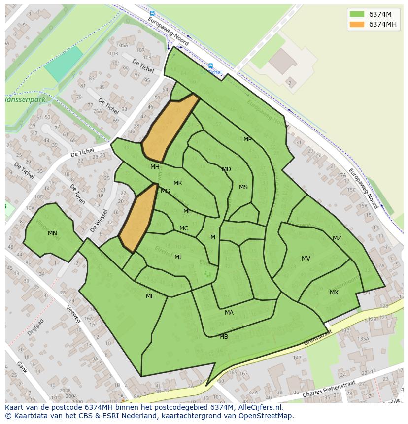 Afbeelding van het postcodegebied 6374 MH op de kaart.