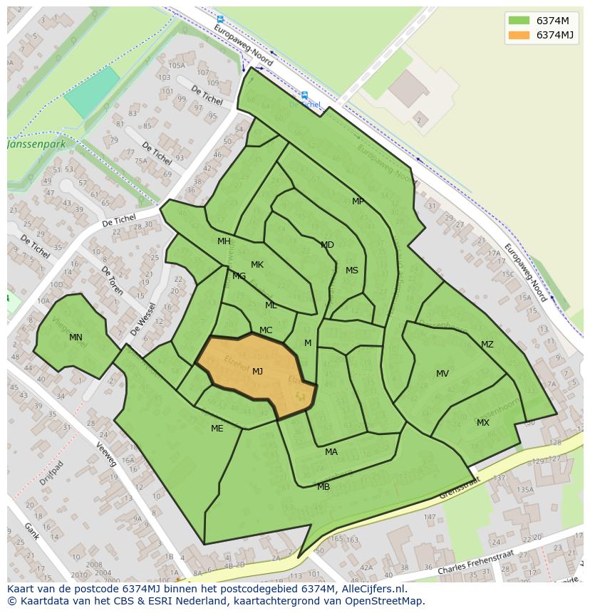 Afbeelding van het postcodegebied 6374 MJ op de kaart.