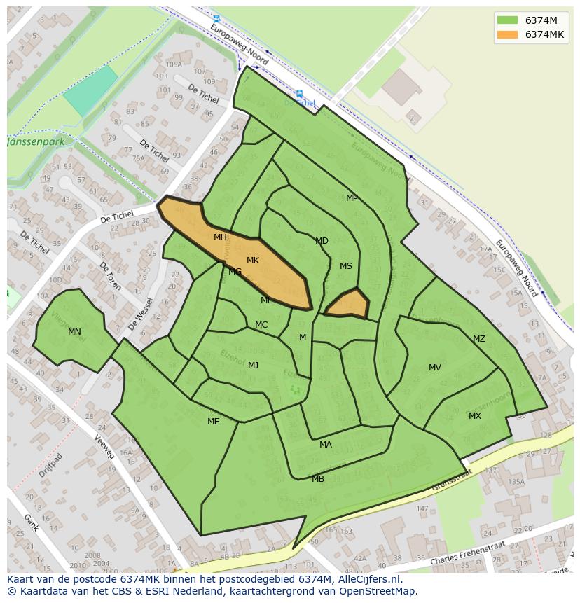 Afbeelding van het postcodegebied 6374 MK op de kaart.