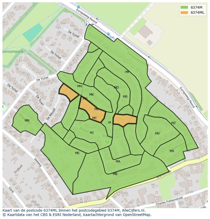 Afbeelding van het postcodegebied 6374 ML op de kaart.