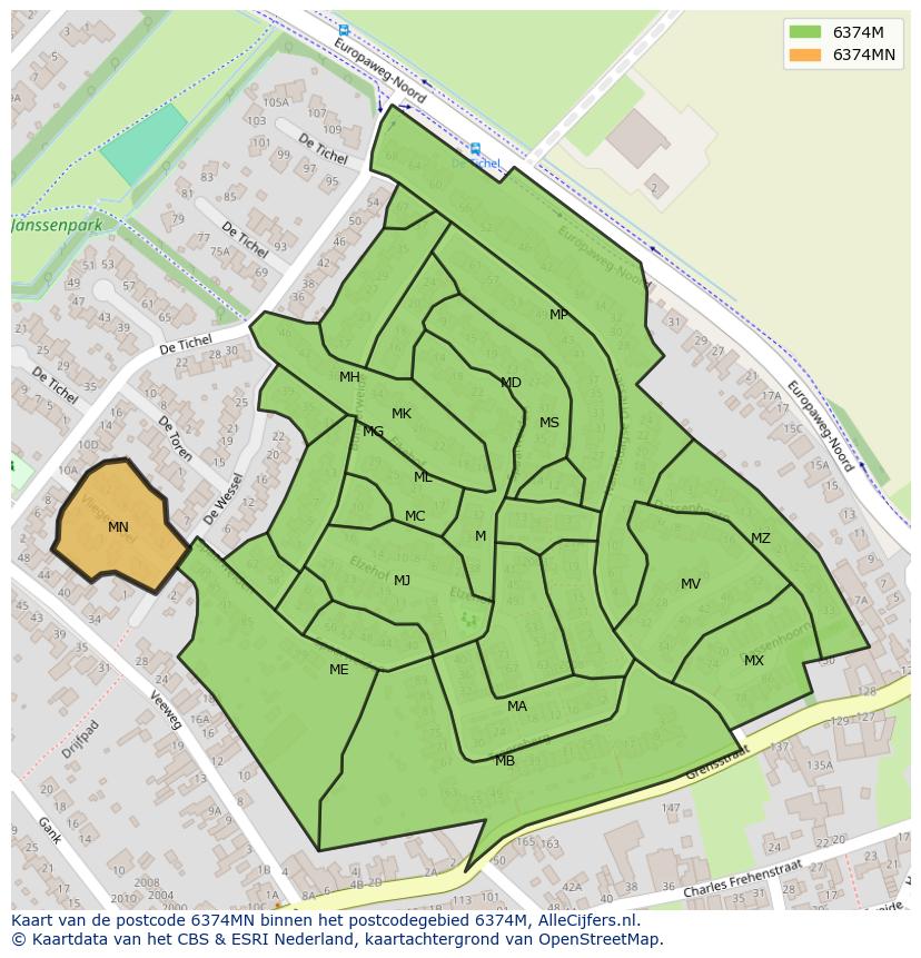Afbeelding van het postcodegebied 6374 MN op de kaart.