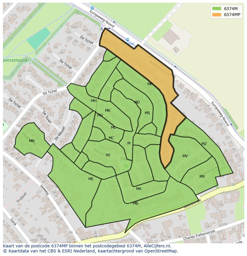 Afbeelding van het postcodegebied 6374 MP op de kaart.