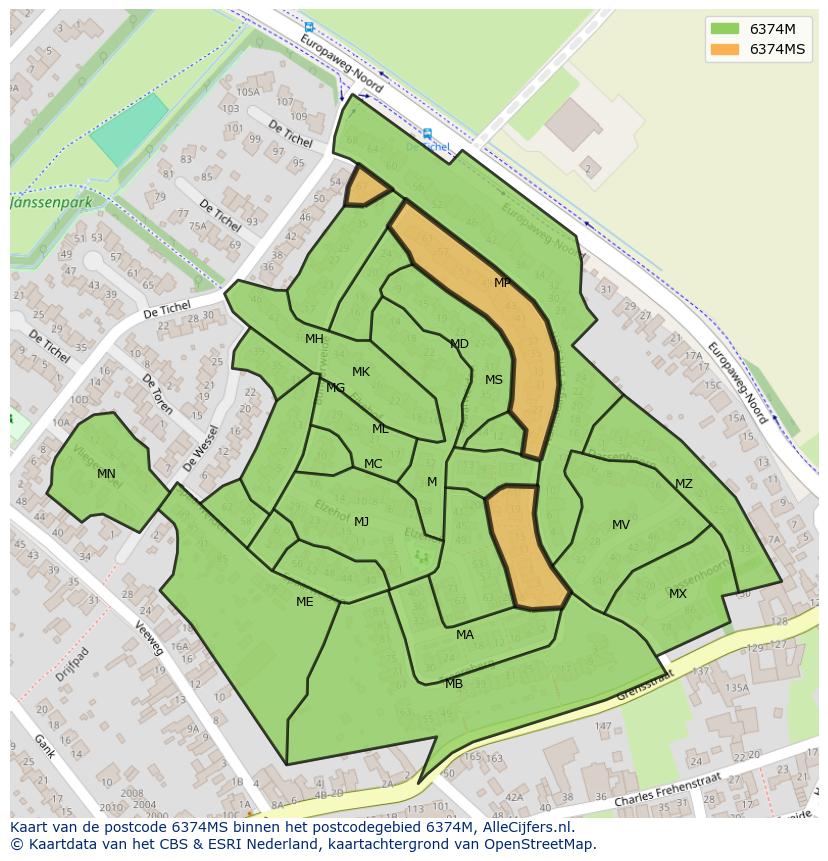 Afbeelding van het postcodegebied 6374 MS op de kaart.