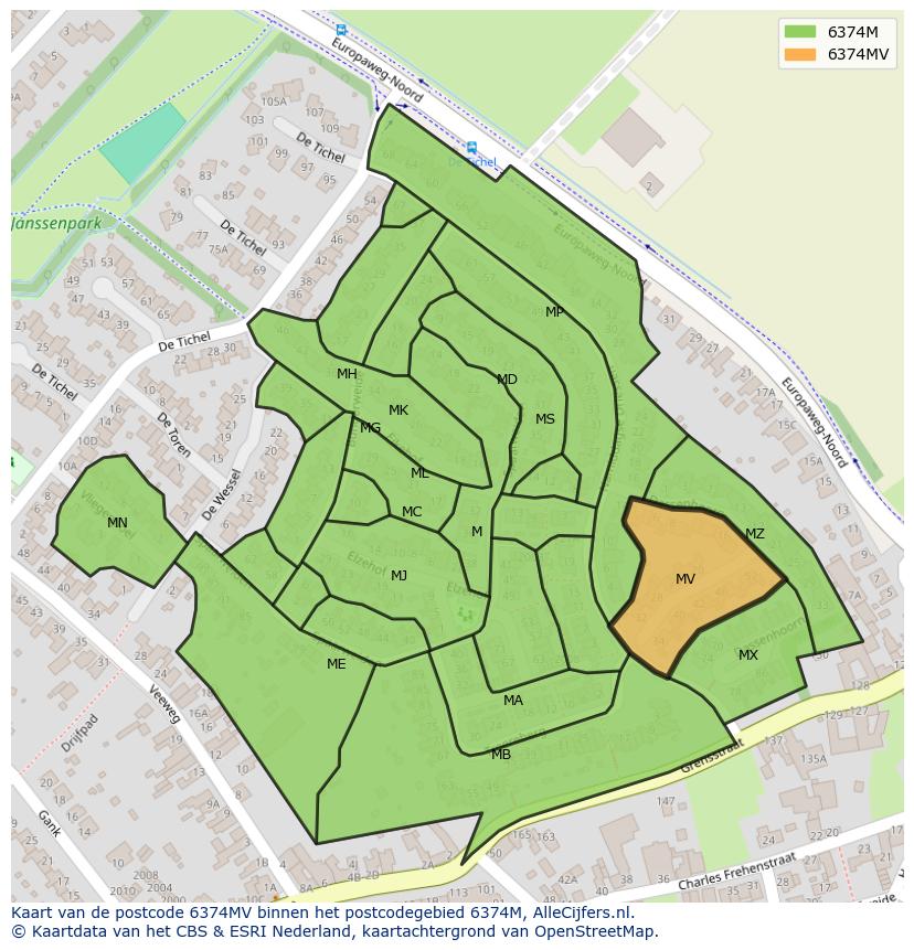 Afbeelding van het postcodegebied 6374 MV op de kaart.