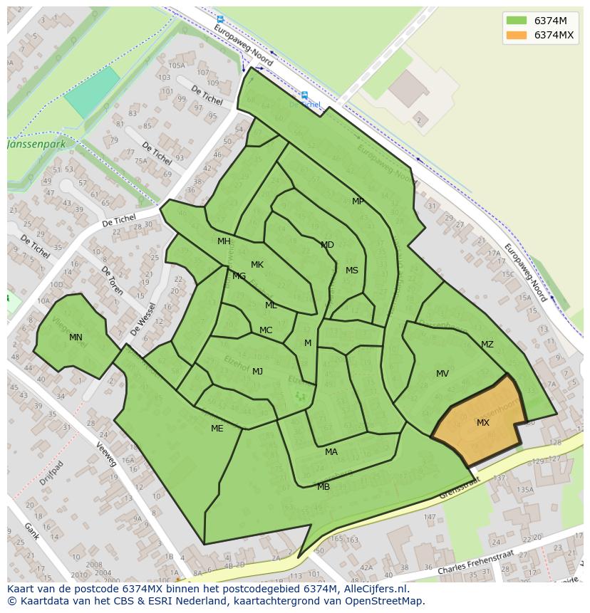 Afbeelding van het postcodegebied 6374 MX op de kaart.