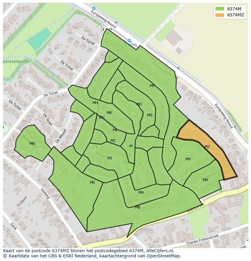 Afbeelding van het postcodegebied 6374 MZ op de kaart.