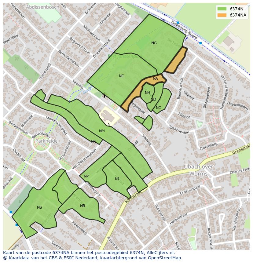 Afbeelding van het postcodegebied 6374 NA op de kaart.