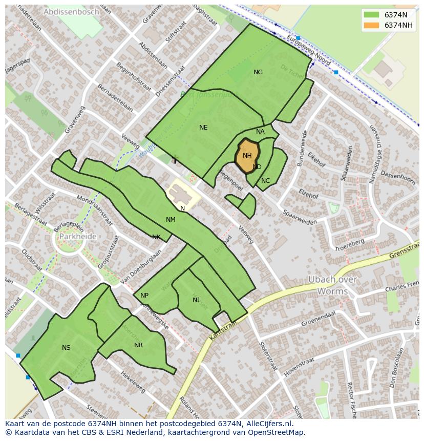 Afbeelding van het postcodegebied 6374 NH op de kaart.