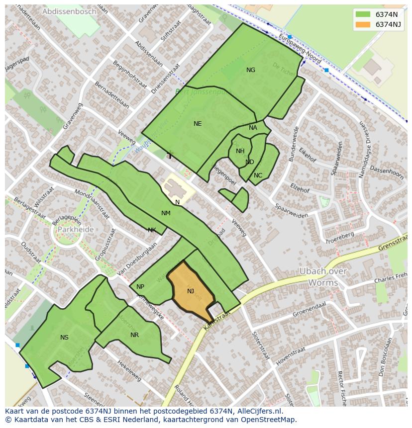 Afbeelding van het postcodegebied 6374 NJ op de kaart.