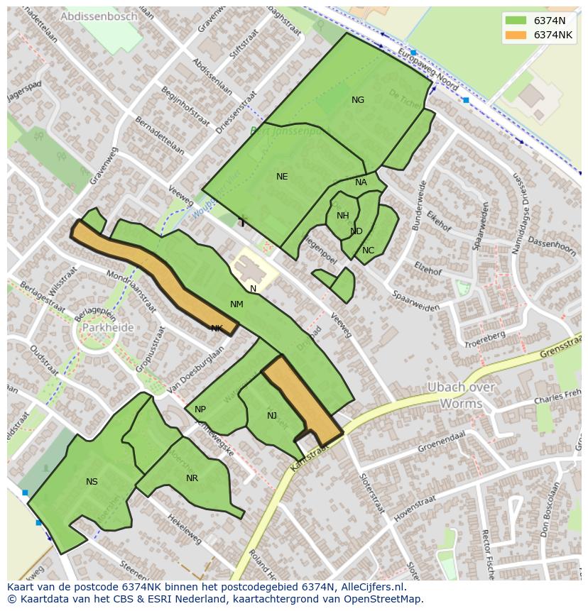 Afbeelding van het postcodegebied 6374 NK op de kaart.