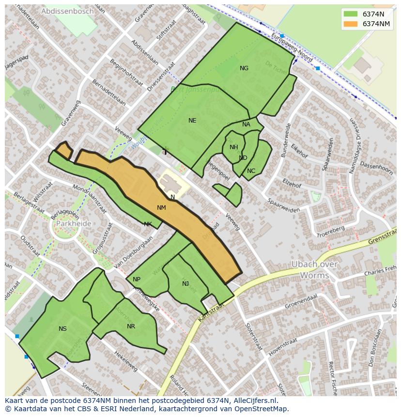Afbeelding van het postcodegebied 6374 NM op de kaart.