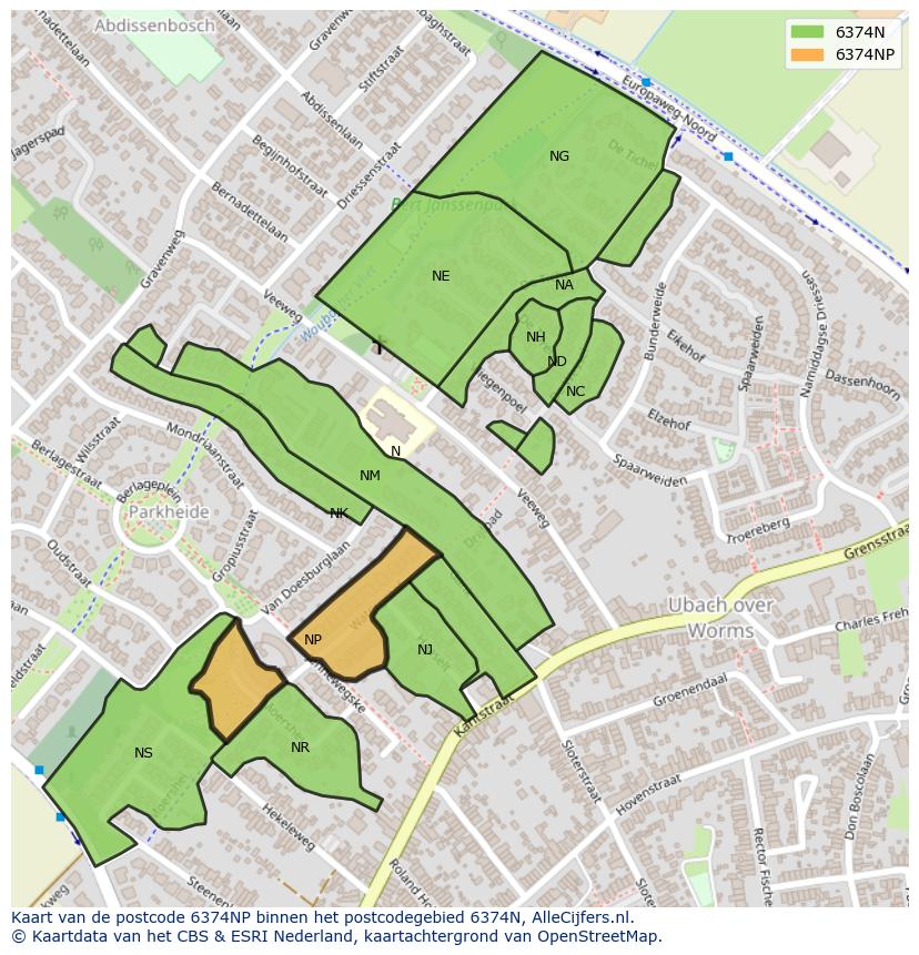 Afbeelding van het postcodegebied 6374 NP op de kaart.