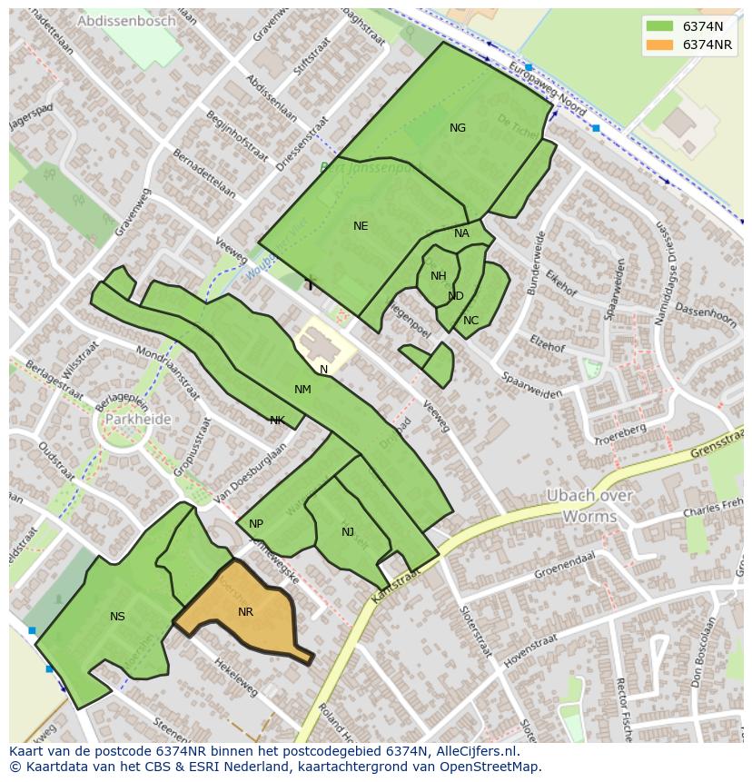 Afbeelding van het postcodegebied 6374 NR op de kaart.