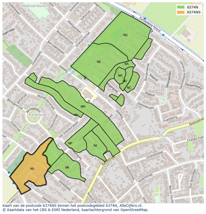 Afbeelding van het postcodegebied 6374 NS op de kaart.