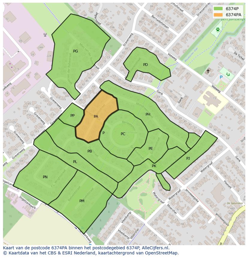 Afbeelding van het postcodegebied 6374 PA op de kaart.