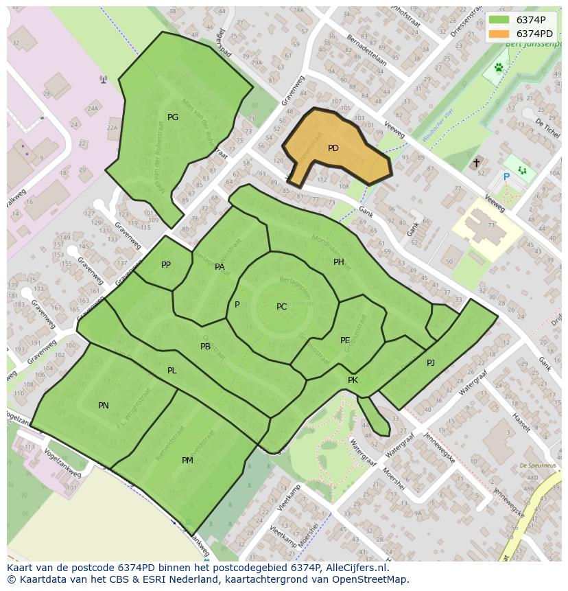 Afbeelding van het postcodegebied 6374 PD op de kaart.