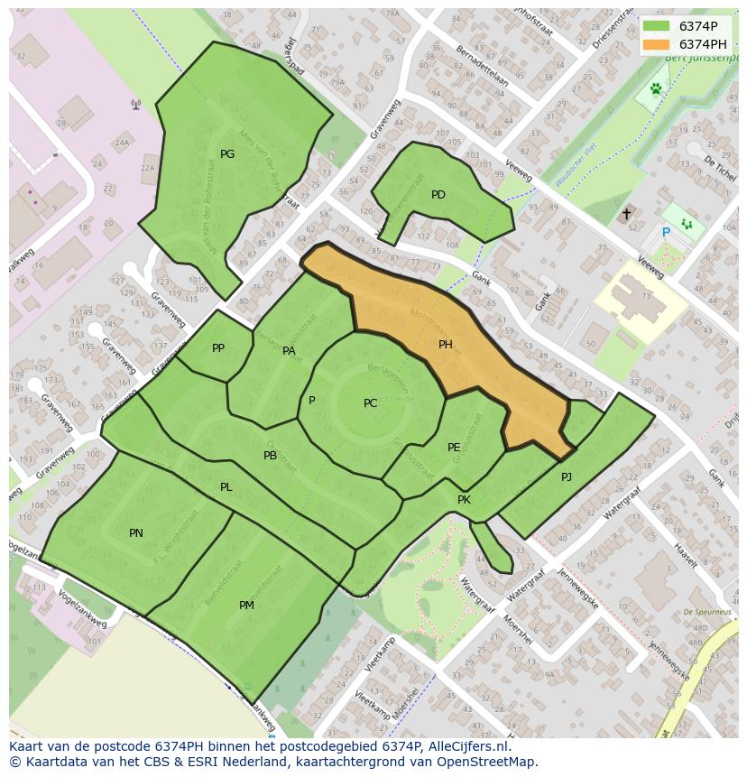 Afbeelding van het postcodegebied 6374 PH op de kaart.