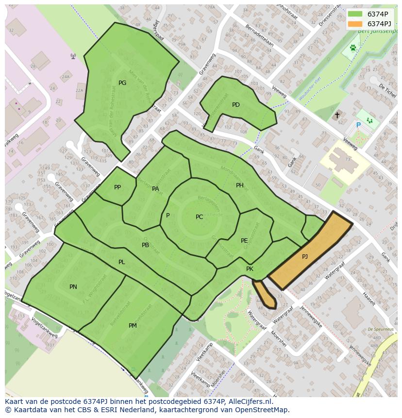 Afbeelding van het postcodegebied 6374 PJ op de kaart.