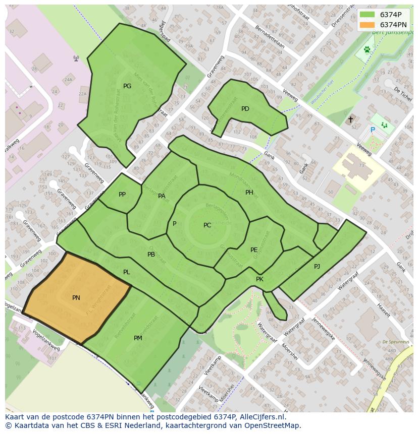 Afbeelding van het postcodegebied 6374 PN op de kaart.