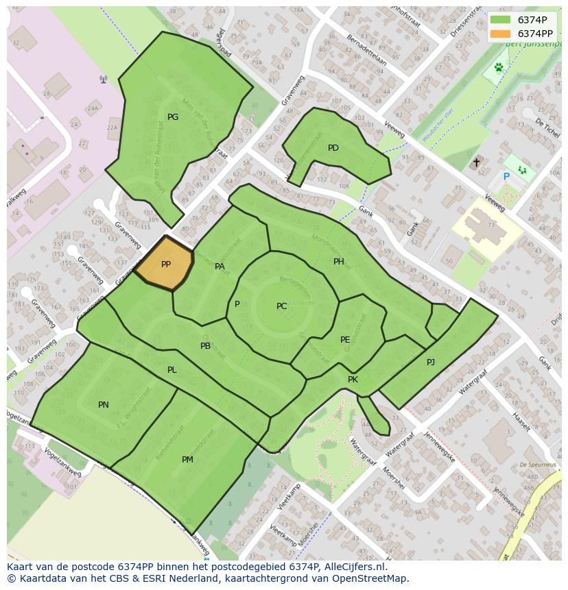 Afbeelding van het postcodegebied 6374 PP op de kaart.
