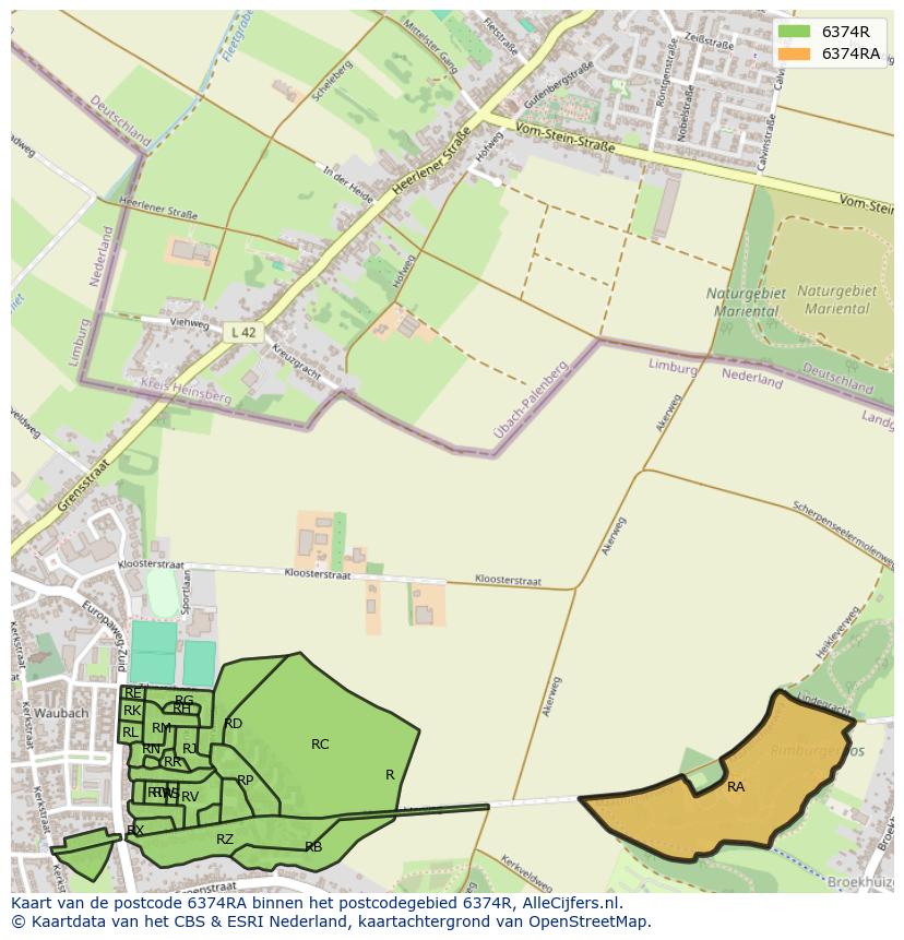 Afbeelding van het postcodegebied 6374 RA op de kaart.