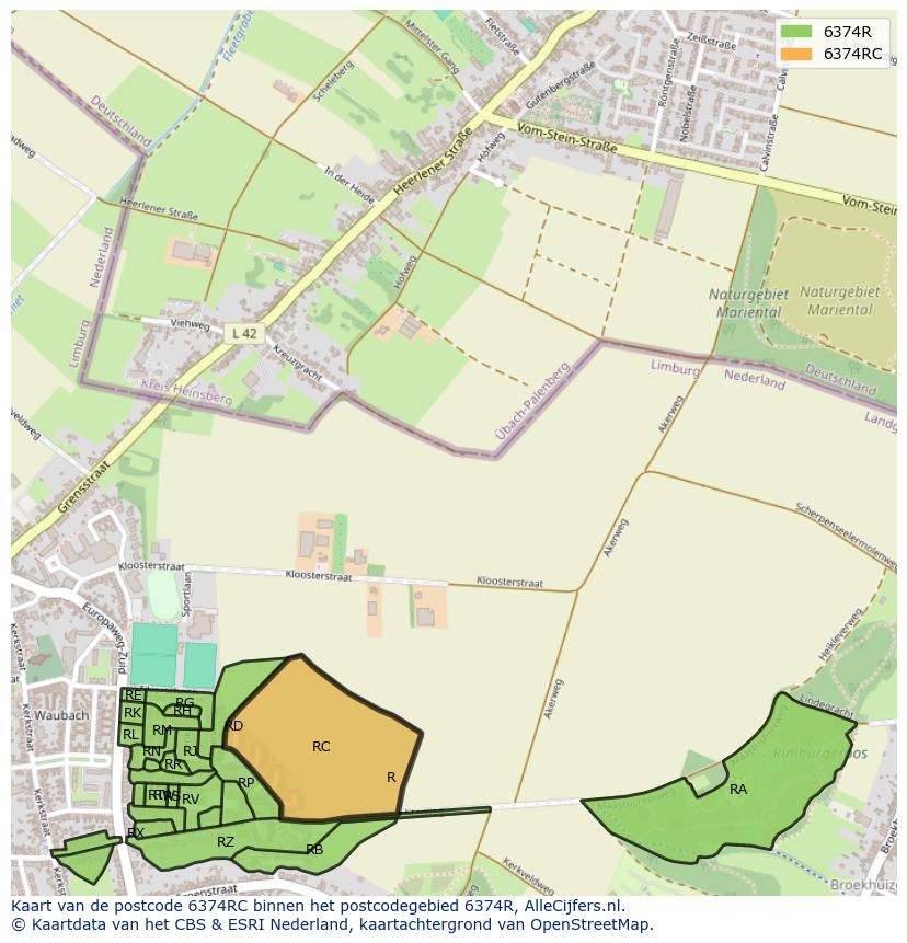 Afbeelding van het postcodegebied 6374 RC op de kaart.
