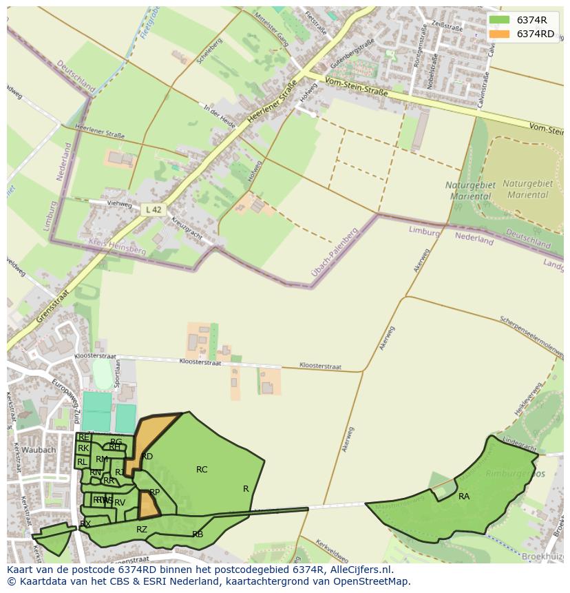 Afbeelding van het postcodegebied 6374 RD op de kaart.